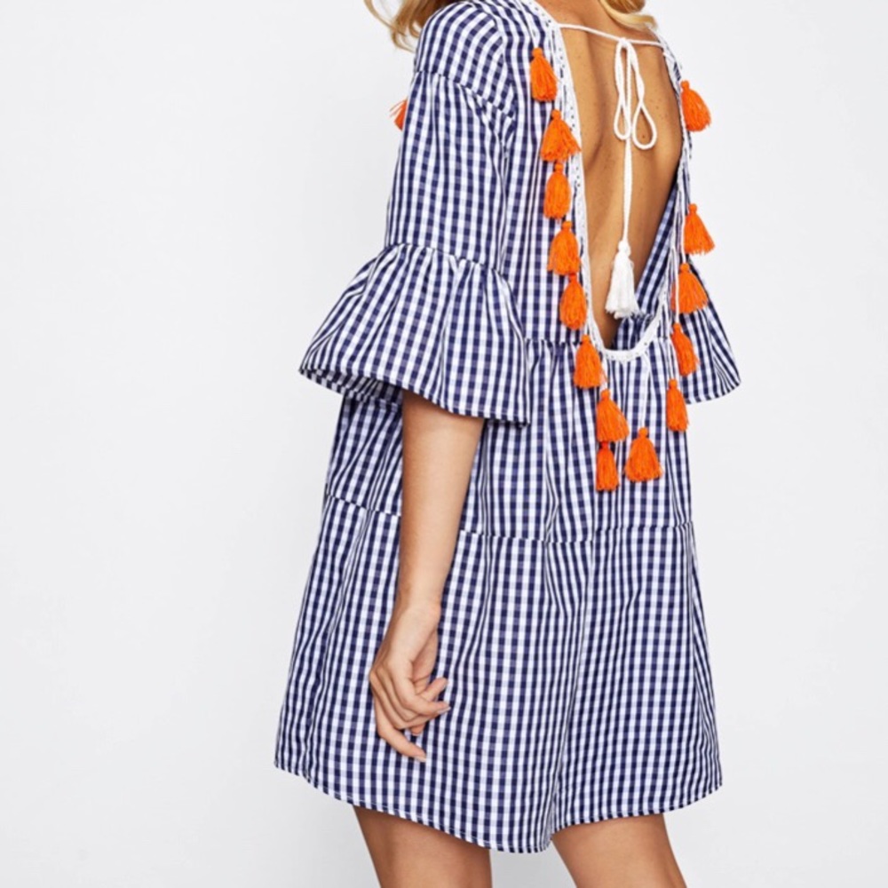 Gingham open back dress with tassels